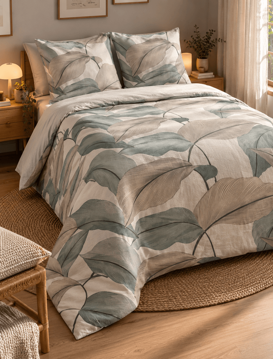 Boreas – Completo Lenzuola Matrimoniale 100% Cotone, Fantasia Foglie
